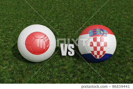 Footballs in flags colors on soccer field . Japan with Croatia. 3d rendering Footballs in flags colors on soccer field . Japan with Croatia. 3d rendering 96839441