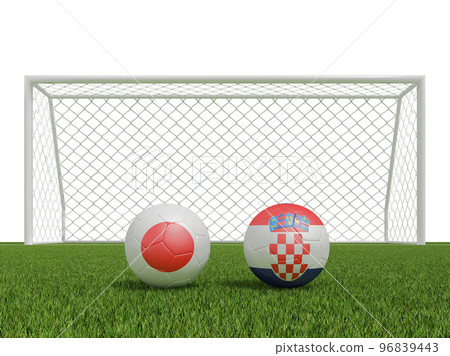 Footballs in flags colors on soccer field . Japan with Croatia. 3d rendering Footballs in flags colors on soccer field . Japan with Croatia. 3d rendering 96839443