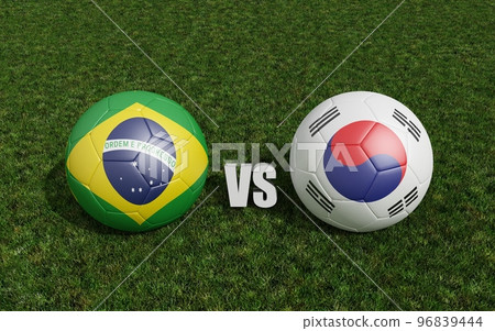 Footballs in flags colors on soccer field . Brazil with South Korea. 3d rendering Footballs in flags colors on soccer field . Brazil with South Korea. 3d rendering 96839444