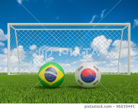 Footballs in flags colors on soccer field . Brazil with South Korea. 3d rendering Footballs in flags colors on soccer field . Brazil with South Korea. 3d rendering 96839445