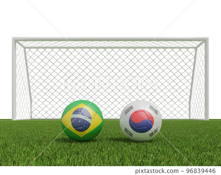 Footballs in flags colors on soccer field . Brazil with South Korea. 3d rendering Footballs in flags colors on soccer field . Brazil with South Korea. 3d rendering 96839446