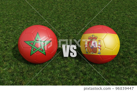 Footballs in flags colors on soccer field. Morocco with Spain. 3d rendering Footballs in flags colors on soccer field. Morocco with Spain. 3d rendering 96839447
