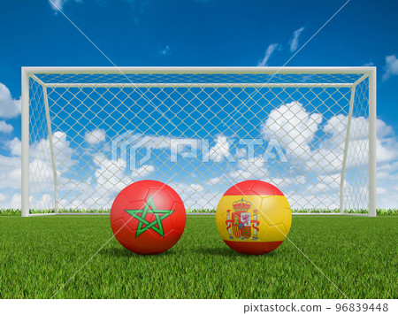Footballs in flags colors on soccer field. Morocco with Spain. 3d rendering Footballs in flags colors on soccer field. Morocco with Spain. 3d rendering 96839448