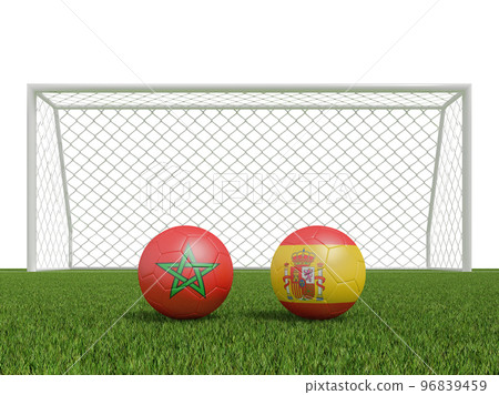 Footballs in flags colors on soccer field. Morocco with Spain. 3d rendering Footballs in flags colors on soccer field. Morocco with Spain. 3d rendering 96839459