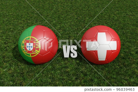 Footballs in flags colors on soccer field. Portugal with Switzerland. 3d rendering Footballs in flags colors on soccer field. Portugal with Switzerland. 3d rendering 96839463