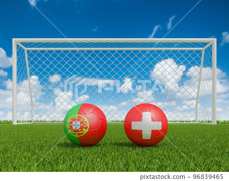 Footballs in flags colors on soccer field. Portugal with Switzerland. 3d rendering Footballs in flags colors on soccer field. Portugal with Switzerland. 3d rendering 96839465