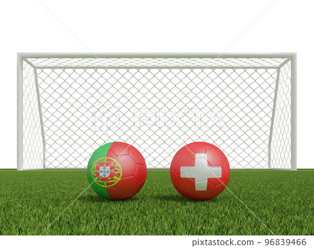 Footballs in flags colors on soccer field. Portugal with Switzerland. 3d rendering Footballs in flags colors on soccer field. Portugal with Switzerland. 3d rendering 96839466