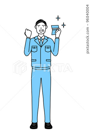 A man in work clothes who is happy to see a bankbook (manager, manager, factory manager) 96840004