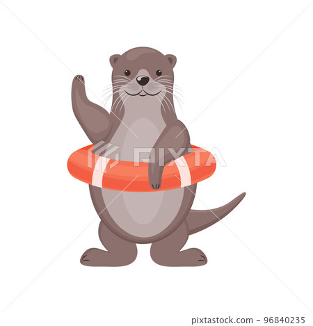Otter. Cute smiling otter in an orange lifebuoy Otter rescuer waving his paw. Cute cartoon animal. Vector illustration isolated on a white background 96840235