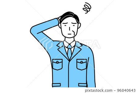 A man in work clothes scratching his head in trouble (manager, manager, factory manager) A man in work clothes scratching his head in trouble (manager, manager, factory manager) 96840643