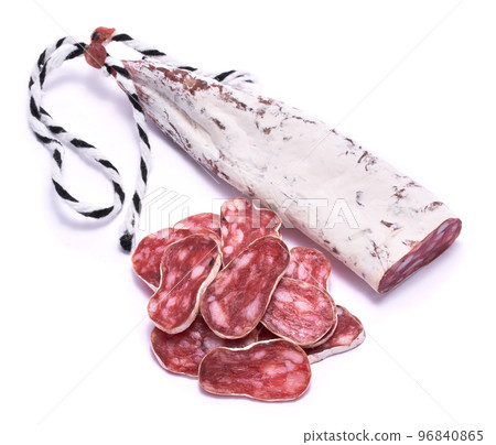 slices of Spanish Fuet thin dried salami sausage isolated on a white background slices of Spanish Fuet thin dried salami sausage isolated on a white background 96840865