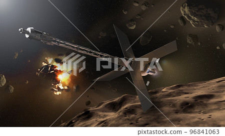 Spaceship in distant space. Meteorites around. Elements of this image furnished by NASA. Spaceship in distant space. Meteorites around. Elements of this image furnished by NASA. 96841063