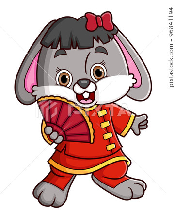 Rabbit wearing Chinese traditional dress Cheongsam and holding Chinese Fan of illustration 96841194