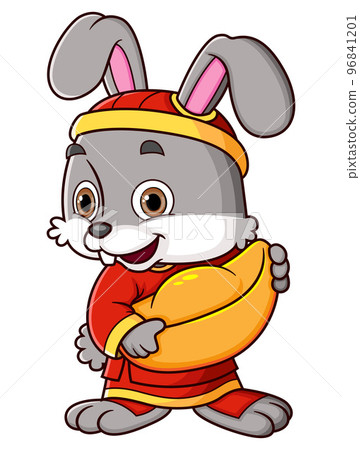 Rabbit wearing chinese traditional dress and holding a big gold of illustration Rabbit wearing chinese traditional dress and holding a big gold of illustration 96841201
