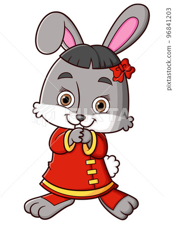 Cute rabbit wearing chinese traditional dress and standing, smiling, and holding hands of illustration Cute rabbit wearing chinese traditional dress and standing, smiling, and holding hands of illustration 96841203