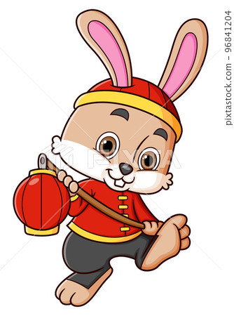 Rabbit wearing chinese traditional dress and carrying chinese red paper lantern for Chinese New Year of illustration 96841204