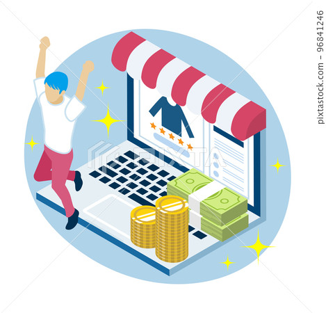 Man who succeeded in online sales (short-sleeved shirt) - Laptop computer, piled up cash Man who succeeded in online sales (short-sleeved shirt) - Laptop computer, piled up cash 96841246