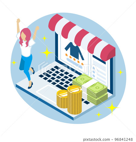Woman who succeeded in online sales (short-sleeved shirt) - Laptop computer, piled up cash Woman who succeeded in online sales (short-sleeved shirt) - Laptop computer, piled up cash 96841248