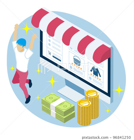 Man who succeeded in online sales (short-sleeved shirt) - desktop computer, piled up cash 96841250