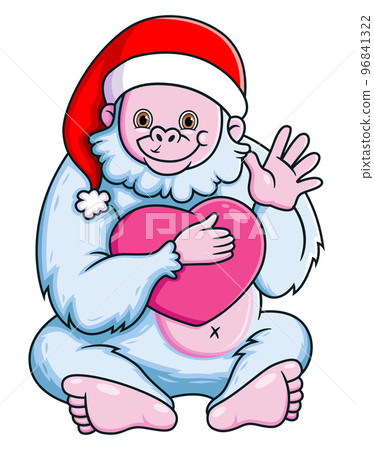 Cute Yeti smiling and holding a heart pillow of illustration Cute Yeti smiling and holding a heart pillow of illustration 96841322