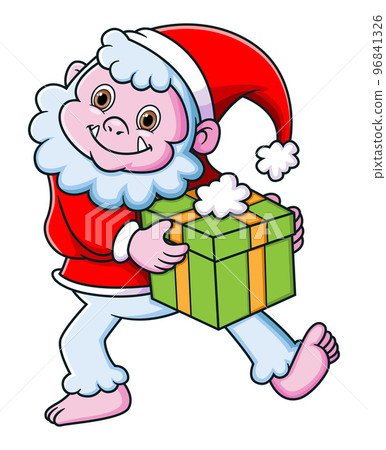 Cute yeti wearing santa costume and carrying a gift box of illustration 96841326