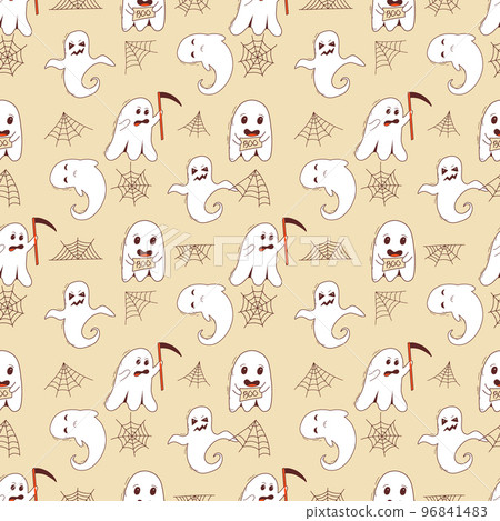 Spooky halloween ghosts seamless pattern. Spooky poltergeist. Halloween scary ghostly monsters Spooky halloween ghosts seamless pattern. Spooky poltergeist. Halloween scary ghostly monsters 96841483