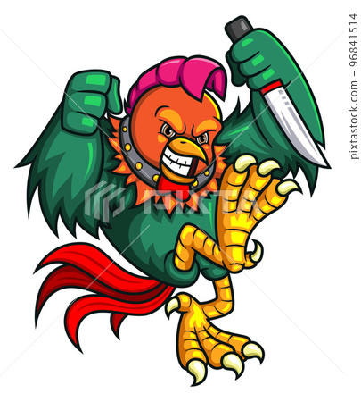 The angry rooster holding knife of illustration The angry rooster holding knife of illustration 96841514
