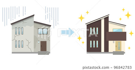 Illustration of an old and dirty house and a renovated and shiny house (no main line) 96842783