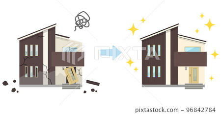 Illustration of a house broken by a disaster etc. and a shiny house repaired (no main line) 96842784