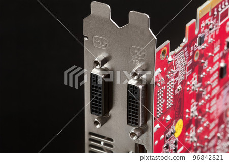 Close-up of VGA connectors on the Computer graphics card on black background 96842821