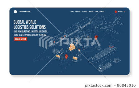 3D isometric Global logistics solutions landing page concept with Smart Logistics, Business logistics, Warehouse Logistic, Online delivery, Export and Import. Vector illustration eps10 3D isometric Global logistics solutions landing page concept with Smart Logistics, Business logistics, Warehouse Logistic, Online delivery, Export and Import. Vector illustration eps10 96843010