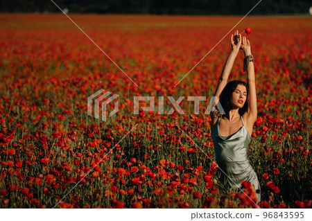 Portrait of a girl in a dress on a poppy field at sunset 96843595