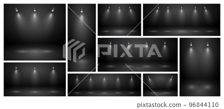 Empty black studio abstract backgrounds with spotlights. Product showcase backdrop with spotlight effect. Stage lighting. Vector illustration Empty black studio abstract backgrounds with spotlights. Product showcase backdrop with spotlight effect. Stage lighting. Vector illustration 96844110