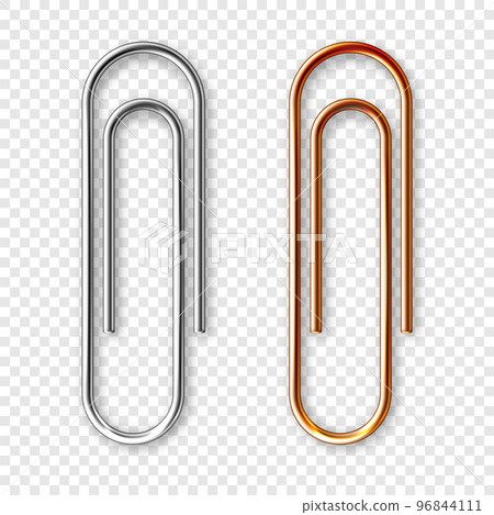 Realistic copper and steel paperclips attached to paper. Shiny metal paper clip, page holder, binder. Workplace office supplies. Vector illustration 96844111