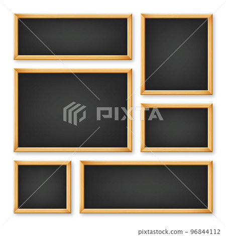 Realistic various chalkboards in a wooden frame. Black restaurant menu board. School blackboard, writing surface for text or drawing. Blank advertising or presentation boards. Vector illustration Realistic various chalkboards in a wooden frame. Black restaurant menu board. School blackboard, writing surface for text or drawing. Blank advertising or presentation boards. Vector illustration 96844112