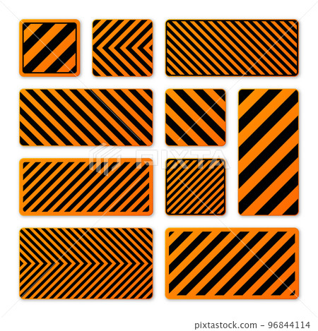 Various black and orange warning signs with diagonal lines. Attention, danger or caution sign, construction site signage. Realistic notice signboard, warning banner, road shield. Vector illustration Various black and orange warning signs with diagonal lines. Attention, danger or caution sign, construction site signage. Realistic notice signboard, warning banner, road shield. Vector illustration 96844114