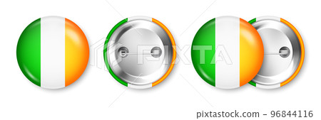 Realistic button badge with printed Irish flag. Souvenir from Ireland. Glossy pin badge with shiny metal clasp. Product mockup for advertising and promotion. Vector illustration 96844116