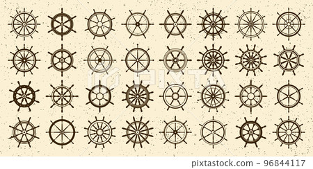 Collection of grunge vintage steering wheels. Ship, yacht retro wheel symbol. Nautical rudder icon. Marine design element. Vector illustration Collection of grunge vintage steering wheels. Ship, yacht retro wheel symbol. Nautical rudder icon. Marine design element. Vector illustration 96844117