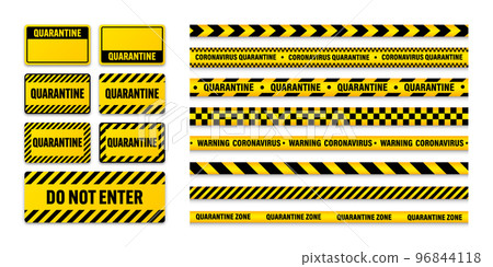 Various quarantine zone warning tapes and shields. Novel coronavirus outbreak. Global lockdown. Coronavirus danger stripe. Police caution line, restricted area. Construction tape. Vector illustration 96844118