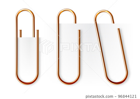 Realistic copper paperclip attached to paper isolated on white background. Shiny metal paper clip, page holder, binder. Workplace office supplies. Vector illustration 96844121