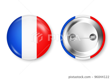 Realistic button badge with printed French flag. Souvenir from France. Glossy pin badge with shiny metal clasp. Product mockup for advertising and promotion. Vector illustration Realistic button badge with printed French flag. Souvenir from France. Glossy pin badge with shiny metal clasp. Product mockup for advertising and promotion. Vector illustration 96844122