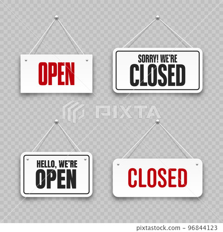 Realistic open or closed hanging signboards. Vintage door sign for cafe, restaurant, bar or retail store. Announcement banner, information signage for business or service. Vector illustration 96844123