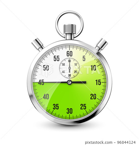 Realistic classic stopwatch icon. Shiny metal chronometer, time counter with dial. Green countdown timer showing minutes and seconds. Time measurement for sport, start and finish. Vector illustration Realistic classic stopwatch icon. Shiny metal chronometer, time counter with dial. Green countdown timer showing minutes and seconds. Time measurement for sport, start and finish. Vector illustration 96844124
