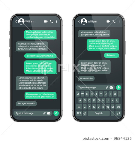 Realistic smartphone with messaging app. SMS text frame. Conversation chat screen with green message bubbles and placeholder text. Dark mode. Social media application. Vector illustration Realistic smartphone with messaging app. SMS text frame. Conversation chat screen with green message bubbles and placeholder text. Dark mode. Social media application. Vector illustration 96844125