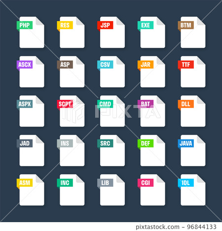 Common system file formats. Document types and extensions. Flat style icons collection. Document pictogram, web design UI element, template. Computer program or application icon. Vector illustration 96844133
