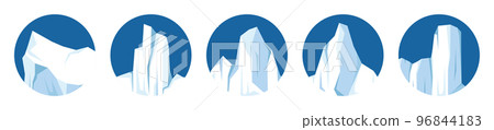Floating icebergs collection. Drifting arctic glacier, block of frozen ocean water. Icy mountains with snow. Melting ice peak. Antarctic snowy landscape. South and North Pole. Vector illustration. 96844183