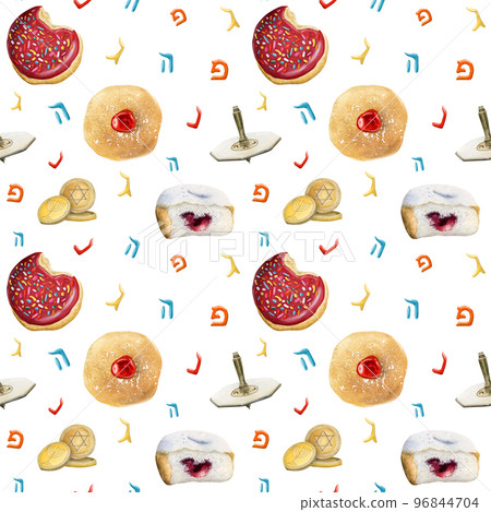 Hanukkah donuts and dreidel pattern. Hand drawing Jewish traditional symbols on white background Hanukkah donuts and dreidel pattern. Hand drawing Jewish traditional symbols on white background 96844704