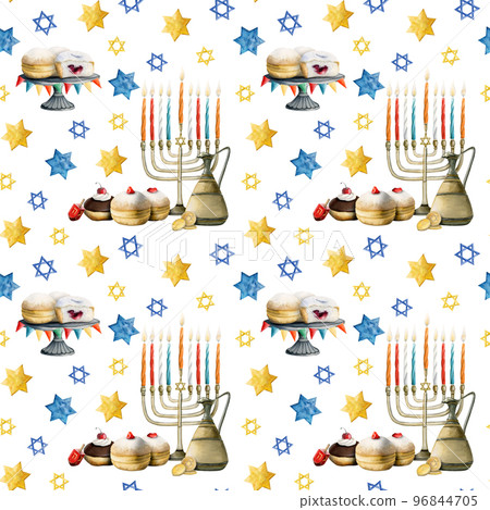 Hanukkah seamless pattern, Jewish Holiday symbols. Menorah, candles, jug, donuts, dreidel, coins, jar of oil Hanukkah seamless pattern, Jewish Holiday symbols. Menorah, candles, jug, donuts, dreidel, coins, jar of oil 96844705