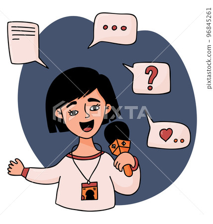 Woman journalist with microphone and online messages. Vector illustration. Conceptual female character, modern profession and journalism, work and reporting, media and television. 96845261