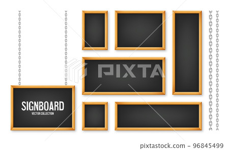 Signboards in a wooden frame hanging on a metal chain. Restaurant menu board. School chalkboard, writing surface for text or drawing. Blank advertising or presentation boards. Vector illustration Signboards in a wooden frame hanging on a metal chain. Restaurant menu board. School chalkboard, writing surface for text or drawing. Blank advertising or presentation boards. Vector illustration 96845499